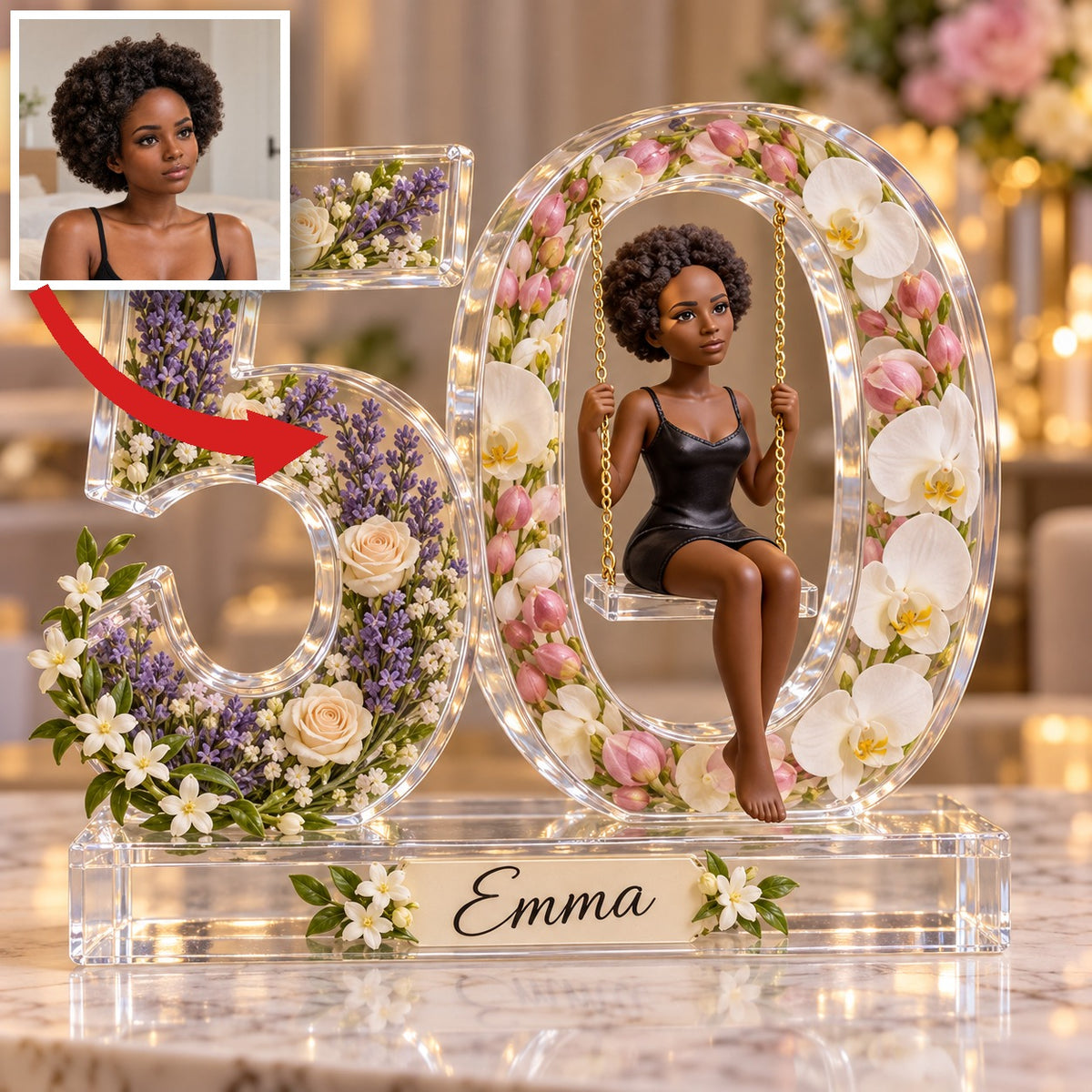 Personalized Custom Photo Floral Swing Acrylic Number Figurine Display - 50th Birthday Gift for Women