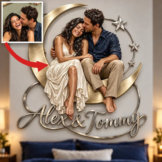 Personalisierte 3D Metall Wandkunst Mond und Sterne für Paare - Schlafzimmer Dekor Geschenk für junge Paare
