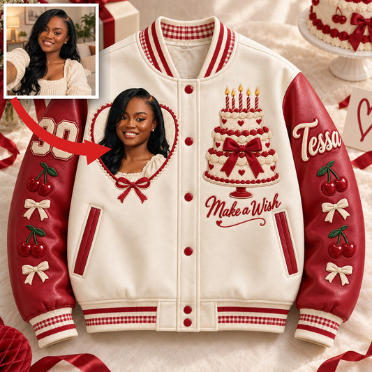 Personalized 30th Birthday Varsity Jacket - Cake, Cherries & Photo Portrait