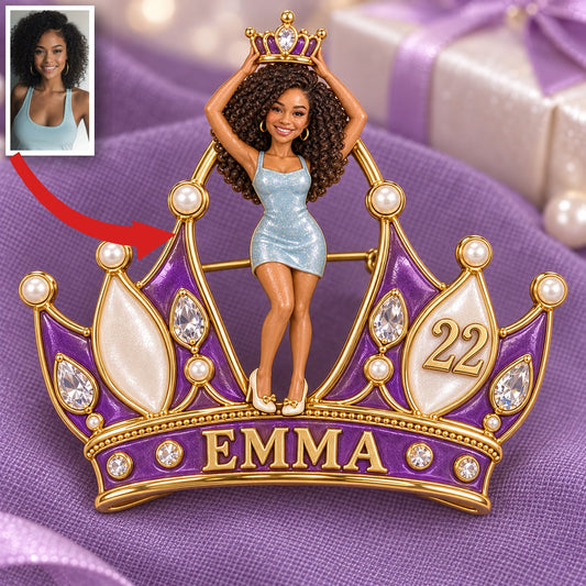 Personalized Birthday Crown Brooch - Sculpted Portrait, Name and Age