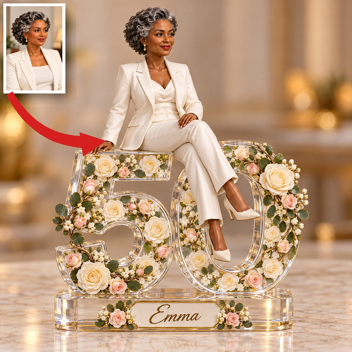 Personalized Custom Photo Ivory Rose Custom Shaped Acrylic Plaque - 50th Birthday Gift for Women