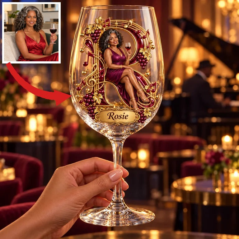 Personalized Custom Photo Music and Wine Glass - Gift for Older Women