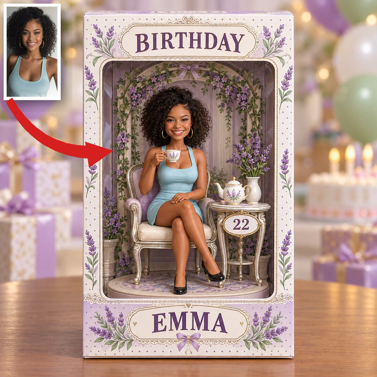 Boîte d'Affichage Figurine d'Anniversaire Personnalisée - Portrait Photo de Thé Lavande avec Nom et Âge Personnalisés