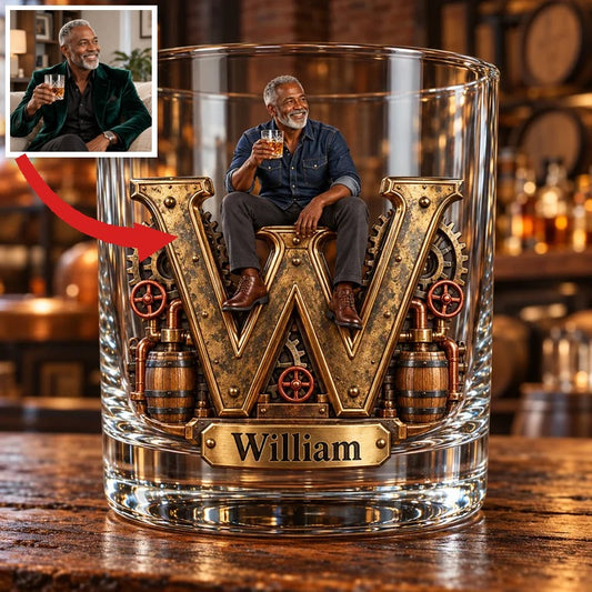 Personalisierbares Foto-Industrie-Monogramm Whiskeyglas - Geschenk für ältere Whiskey-Liebhaber