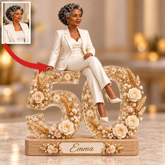 Personalized Custom Photo Wheat Floral Custom Shaped Acrylic Plaque - 50th Birthday Gift for Women
