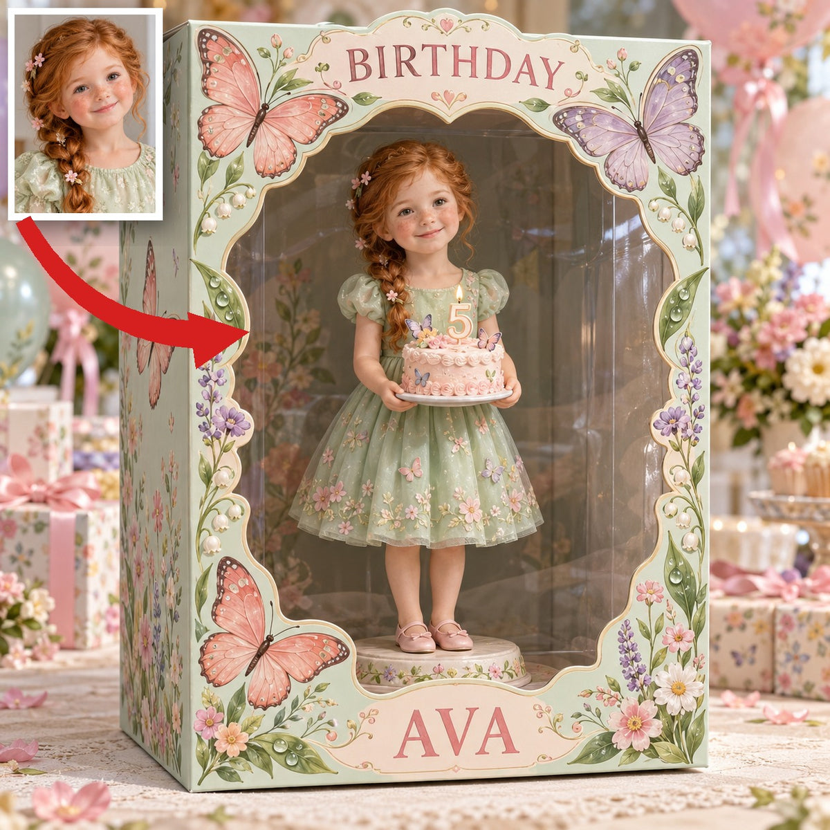 Personalisierte Acryl-Displaybox für Fotos im Schmetterlingsgarten - 5. Geburtstag Geschenk für Mädchen