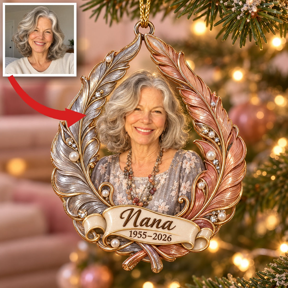 Personalized Custom Photo Feather Memorial Christmas Ornament - In Memory of Grandma