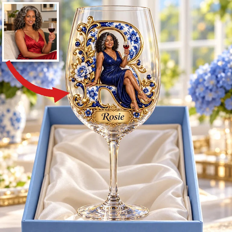 Personalized Custom Photo Blue Floral Wine Glass - Gift for Older Women