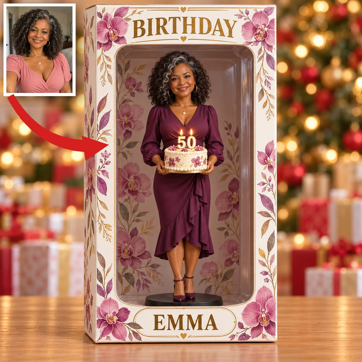 Personalized Custom Photo Orchid Figurine Display Box - 50th Birthday Gift for Women