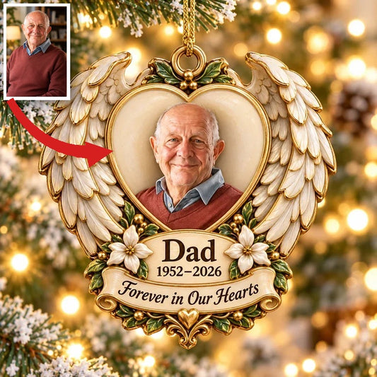Personalized Custom Photo Dad Memorial Angel Wings Heart 3D Ornament - Christmas Remembrance Keepsake