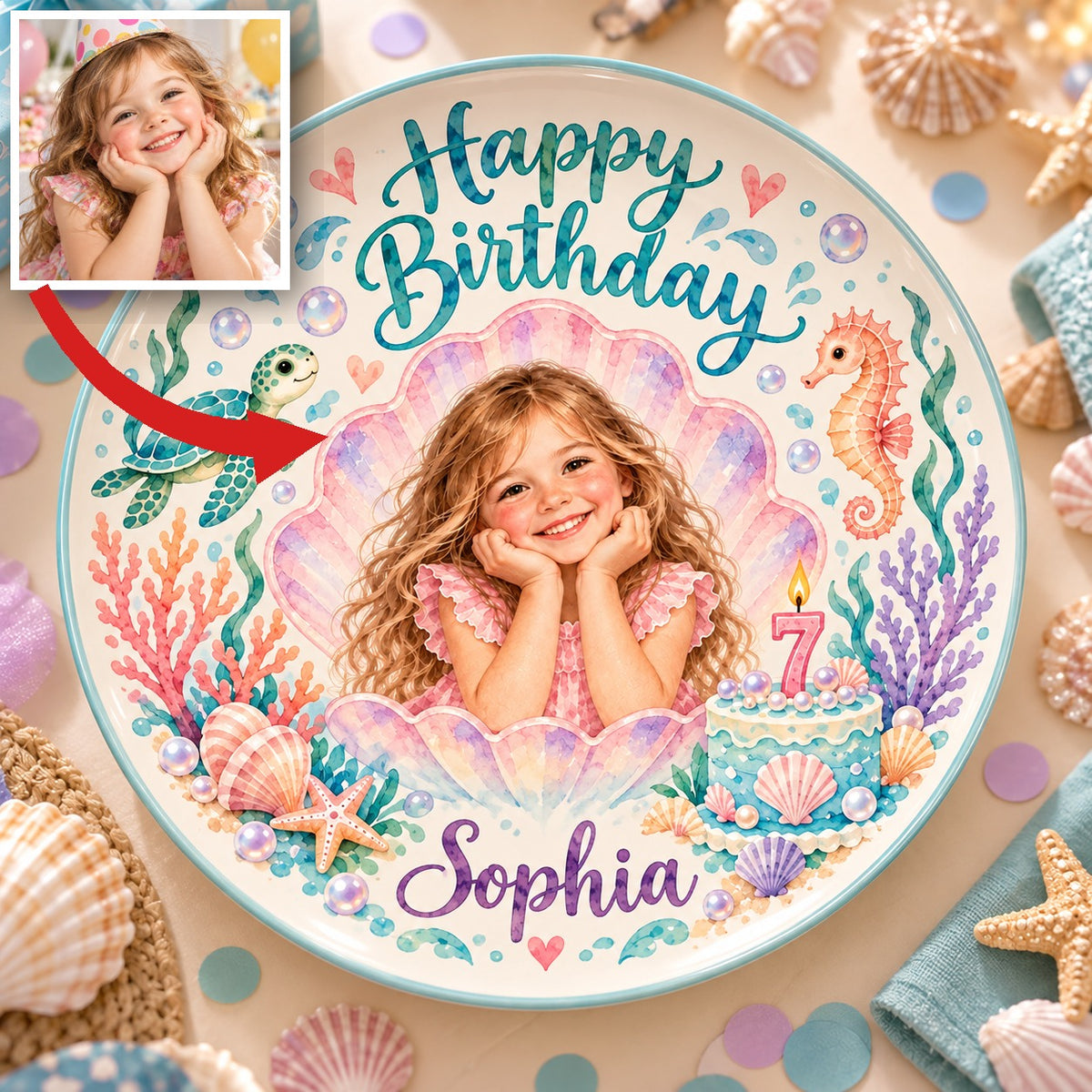 Personalized Birthday Ceramic Round Plate - Ocean Watercolor Portrait Gift