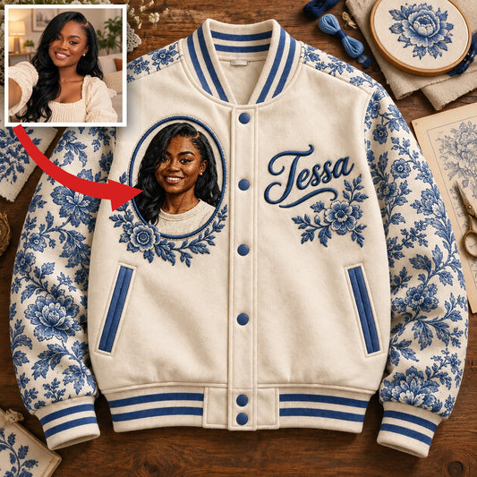 Personalized Botanical Varsity Jacket - Photo Portrait and Name, Modern Toile Style