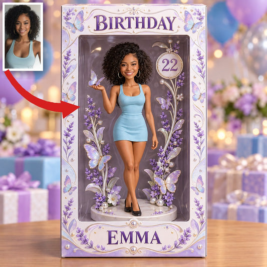 Personalized Birthday Display Box - Portrait Figurine with Lavender Butterfly, Name and Age