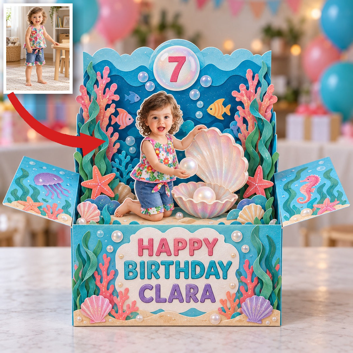 Personalized Undersea Pop-Up Box Card - Shell and Pearl Birthday Gift with Custom Photo, Name and Age