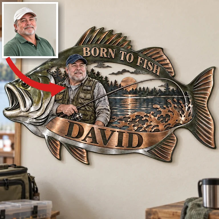Personalized Fishing Metal Wall Art - Custom Portrait and Name, Angler Wall Decor