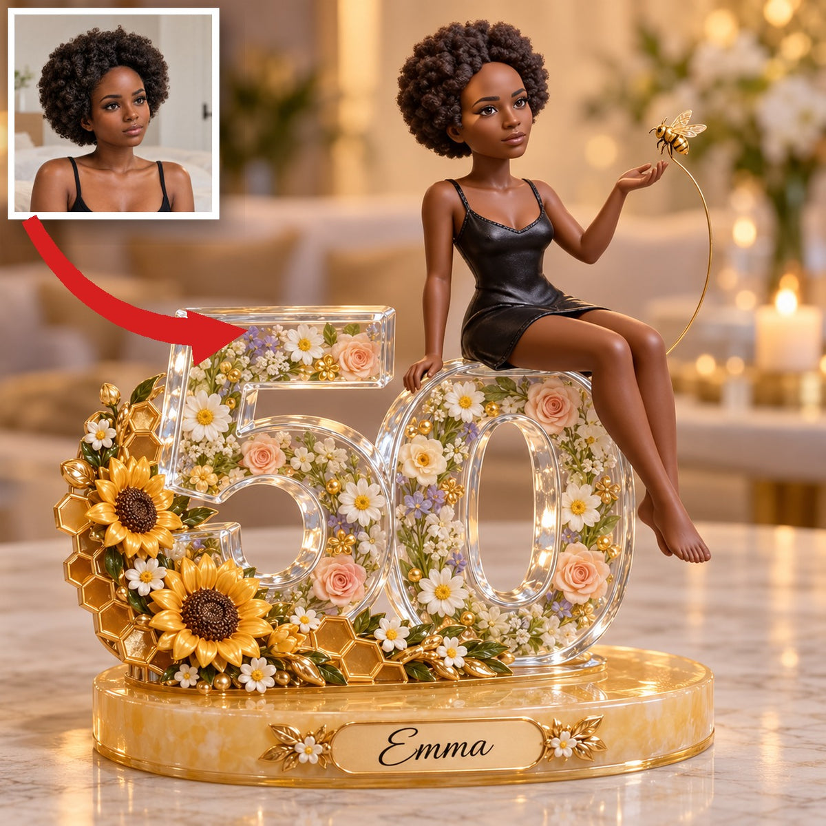 Personalized Custom Photo Sunflower Acrylic Number Figurine Display - 50th Birthday Gift for Women