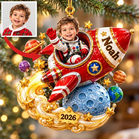 Personalized Custom Photo Rocket 3D Ornament - 2026 Christmas Gift for Boys