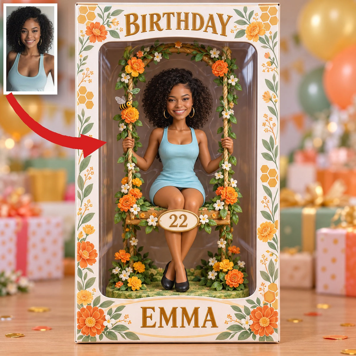 Boîte d'Affichage Florale Personnalisée - Figurine de Portrait d'Anniversaire avec Nom et Âge