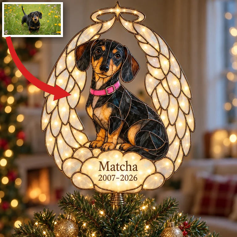 Personalisierte Hundegedenk-Engelsflügel Weihnachtsbaumspitze
