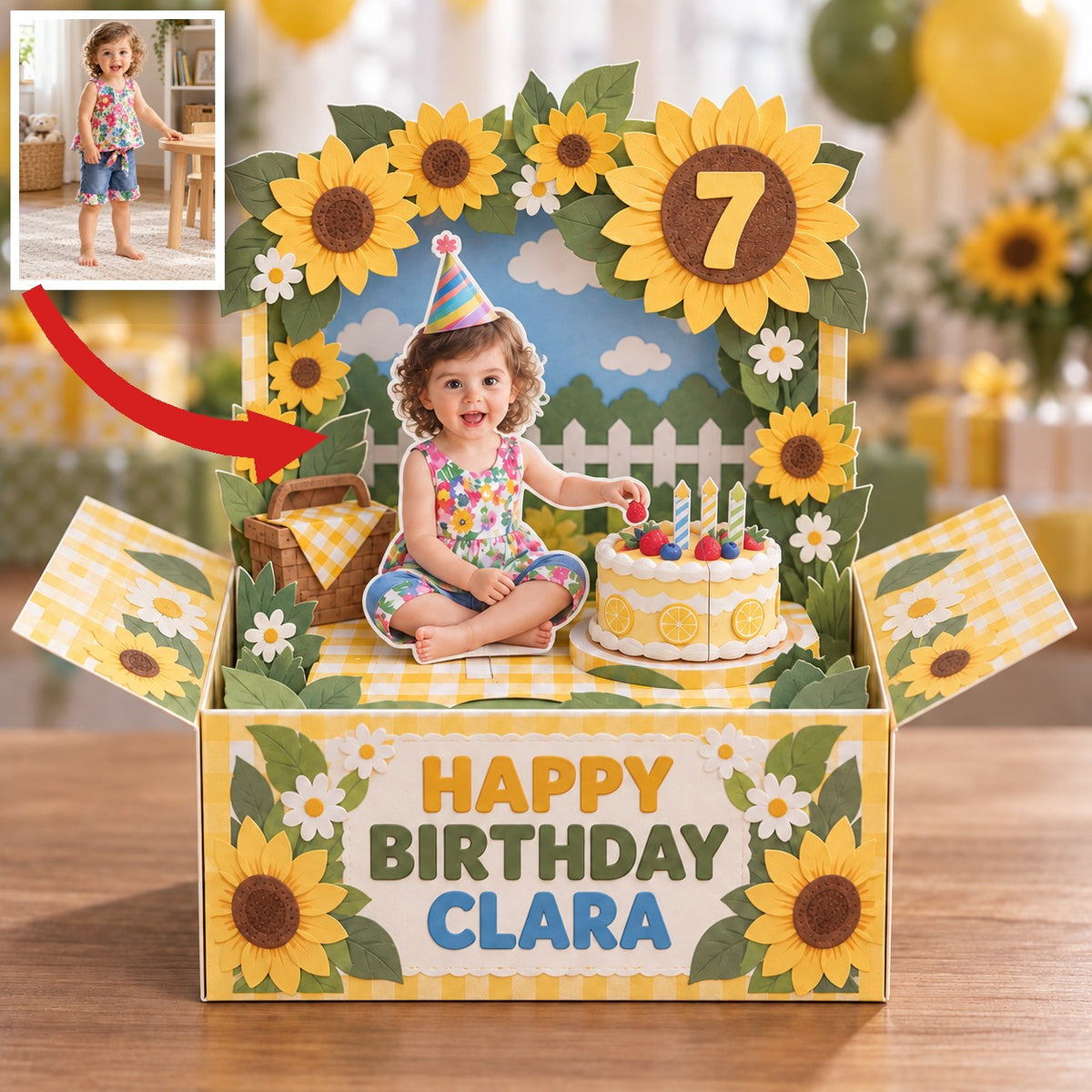 Personalisierte Sonnenblumen Pop-Up Box Karte - Geburtstagskuchen Picknick mit Foto, Name und Alter