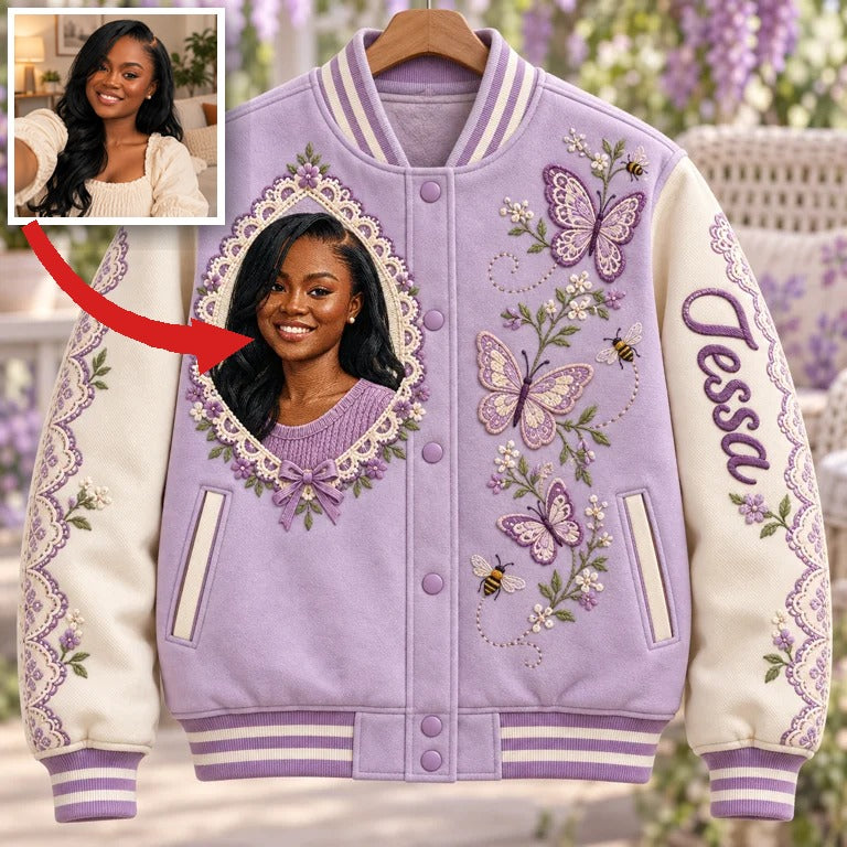 Personalized Butterfly Lace Varsity Jacket - Women's Portrait and Name