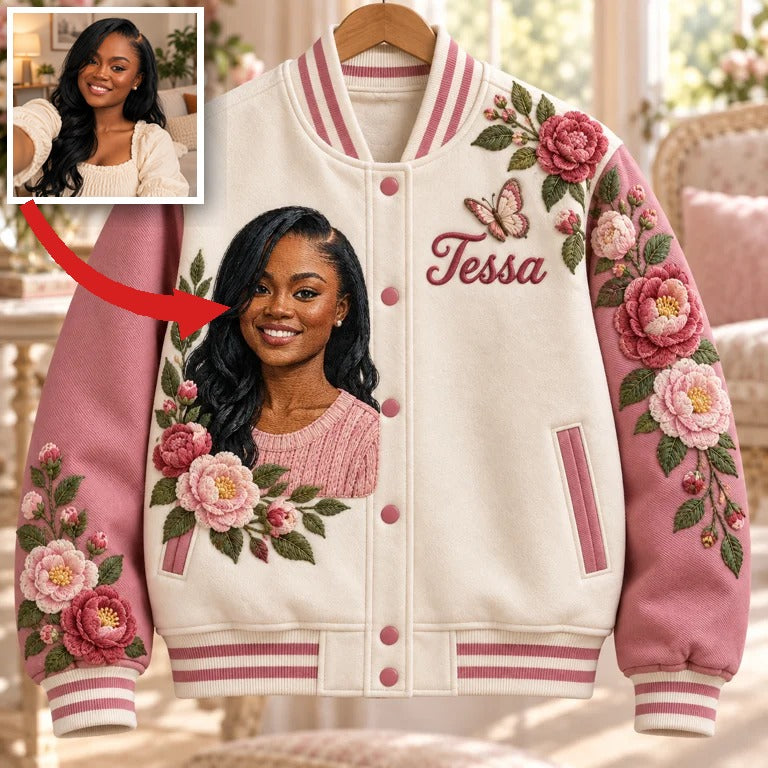 Personalized Camellia Varsity Jacket - Women's Embroidered Portrait and Name Design