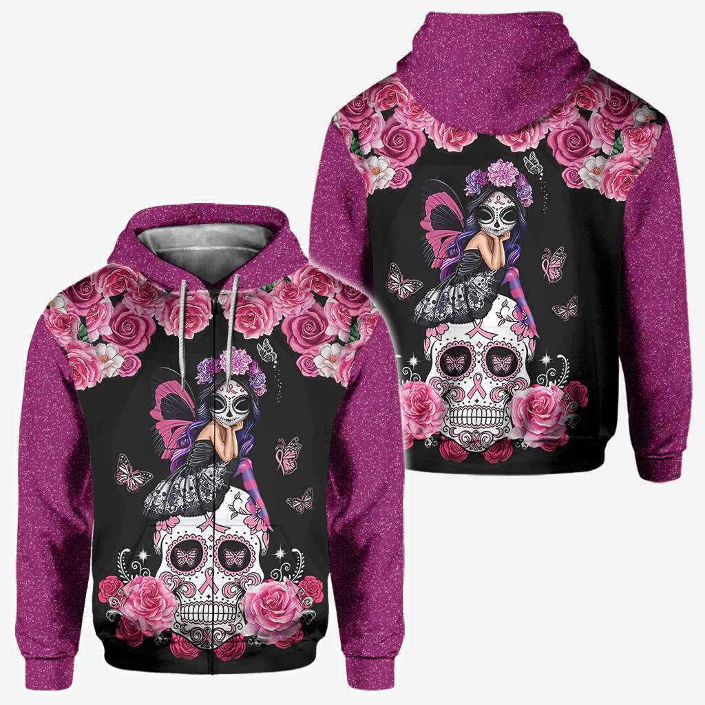 Sugar Skull Pink Ribbon - T-Shirt und Hoodie mit Allover-Motiv zur Sensibilisierung für Brustkrebs 0822