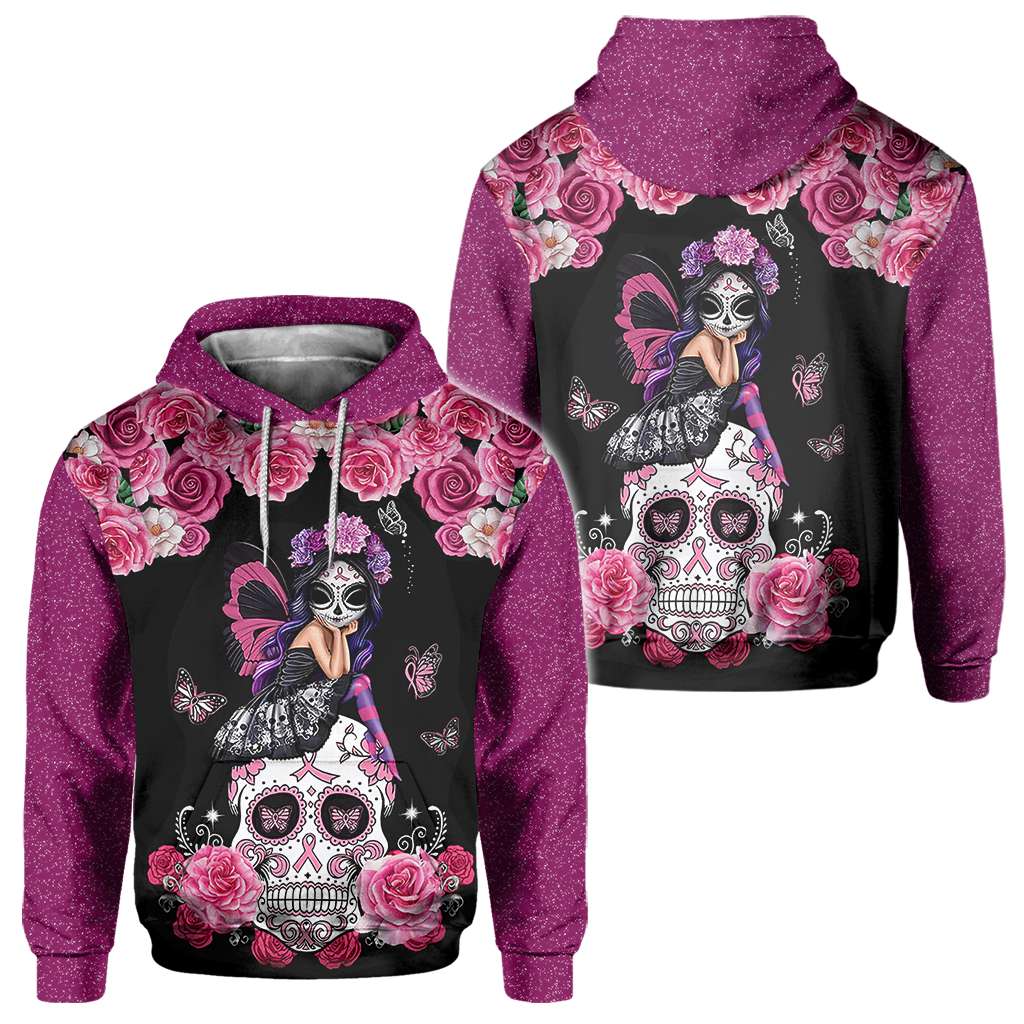 Sugar Skull Pink Ribbon - T-Shirt und Hoodie mit Allover-Motiv zur Sensibilisierung für Brustkrebs 0822
