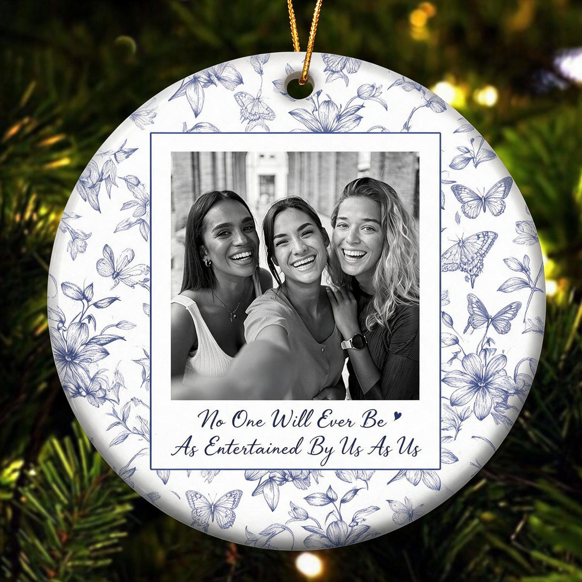Ornement de Noël Photo Personnalisé Meilleurs Amis - Papillon Floral Bleu