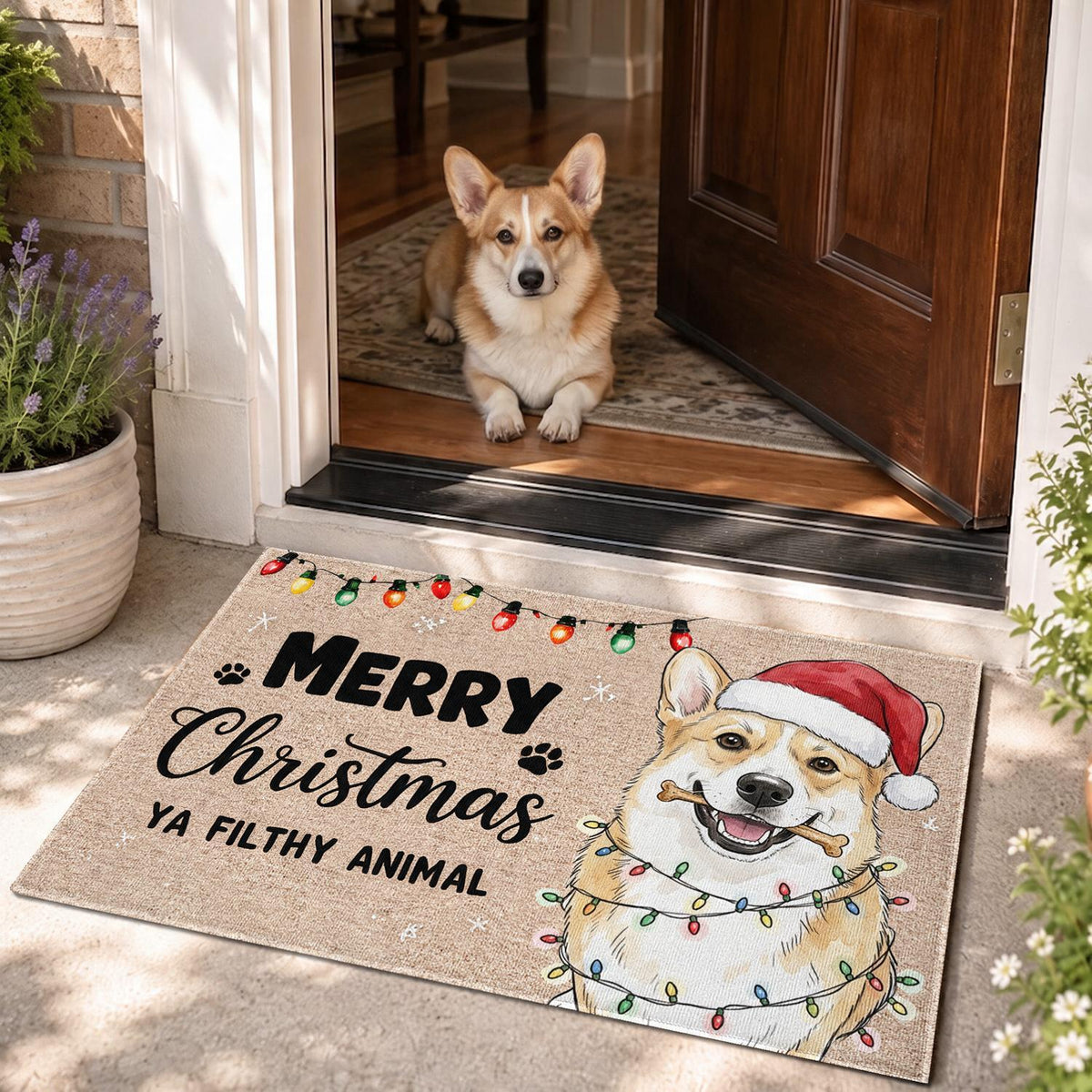 Benutzerdefinierte Foto-Weihnachtsmatte mit lächelndem Corgi und Weihnachtsmann-Hut, Frohe Weihnachten, ihr dreckigen Tiere
