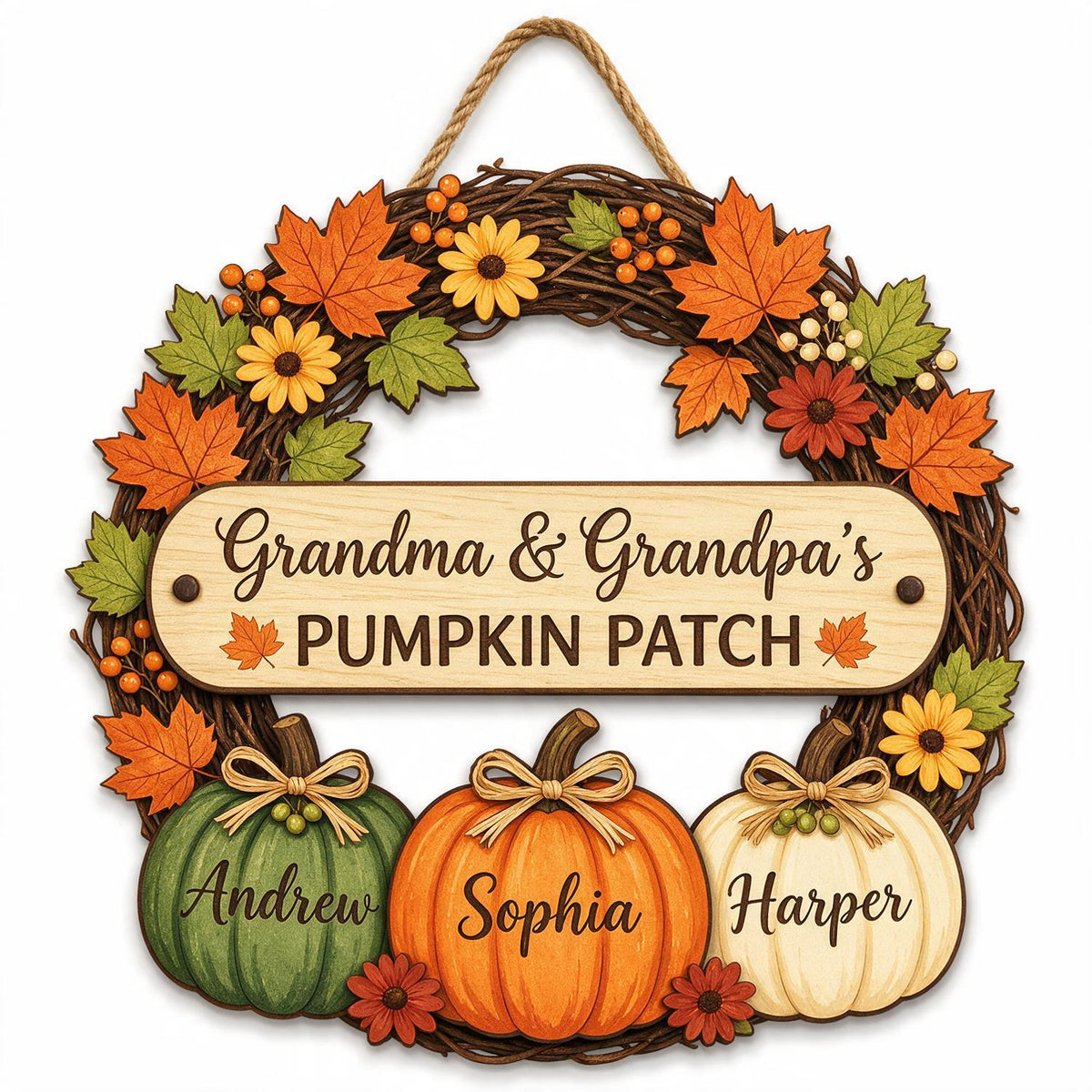 Personalized Fall Grandma & Grandpa's Pumpkin Patch Door Wreath, Custom Grandkids Names Decor