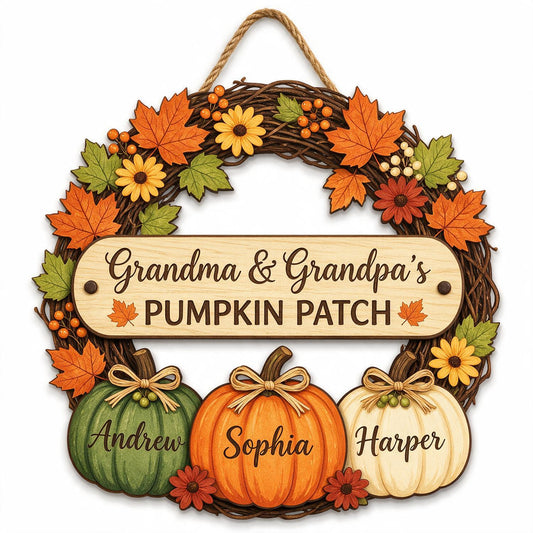 Personalized Fall Grandma & Grandpa's Pumpkin Patch Door Wreath, Custom Grandkids Names Decor