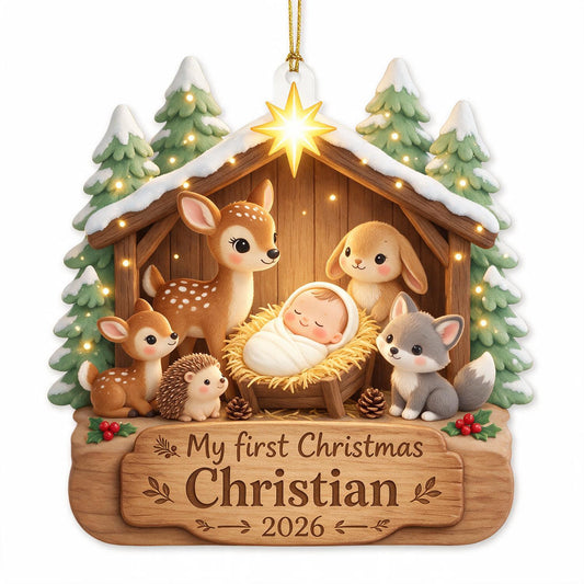 Personalized Christmas My First Christmas Woodland Animals Nativity Acrylic Ornament Baby Keepsake Gift