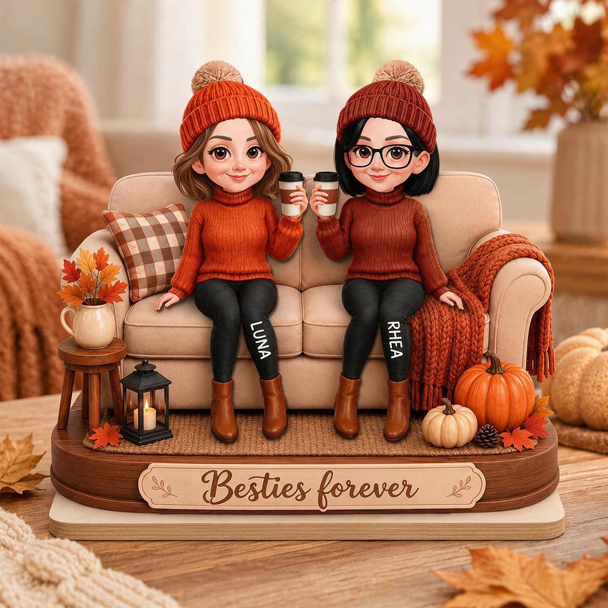 Personalized Fall Besties Forever On Sofa Wooden Plaque, BFF Friendship Gift