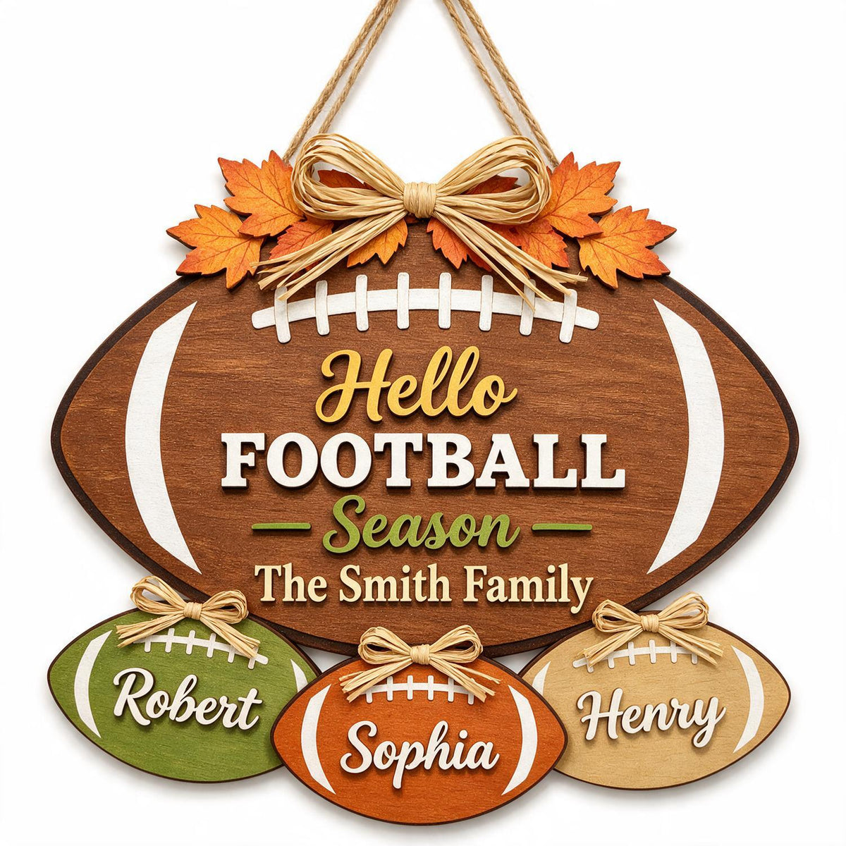Personalized Football Season Family Football-Shaped Wood Sign, Game Day Home Decor