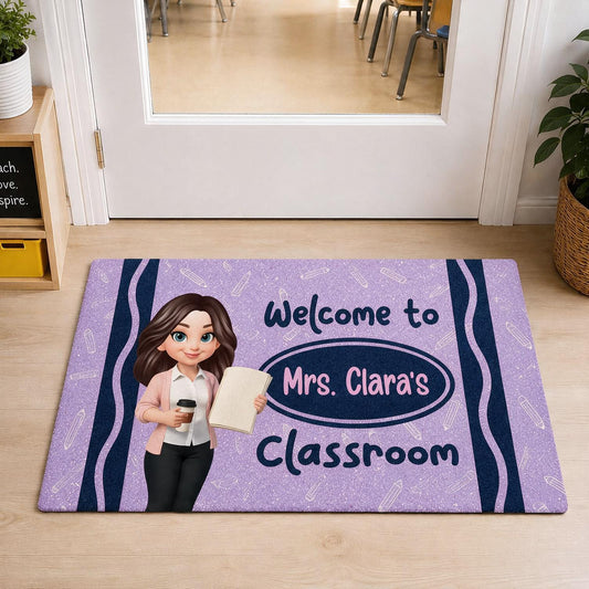 Personalized Back To School Teacher Purple Crayon Welcome Classroom Doormat, Custom Class Decor Gift