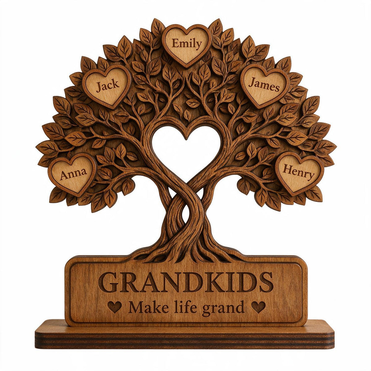 Personalized Family Tree Heart Wooden Plaque - Grandkids Make Life Grand Keepsake Gift for Grandparents