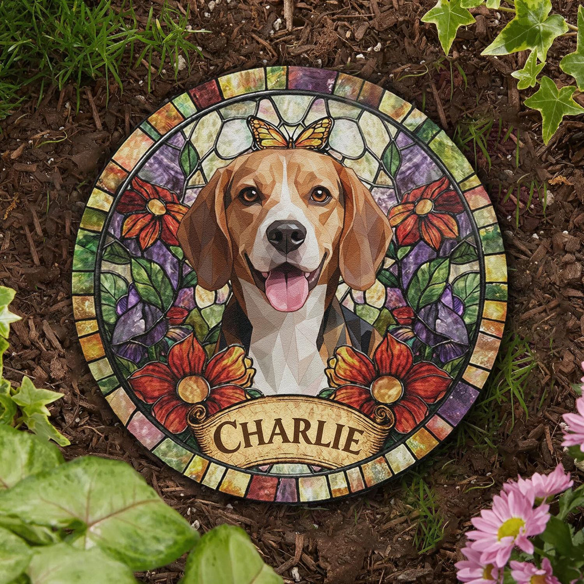 Personalized Smiling Beagle Stained Glass Style Garden Stone Pet Loss Memorial Gift