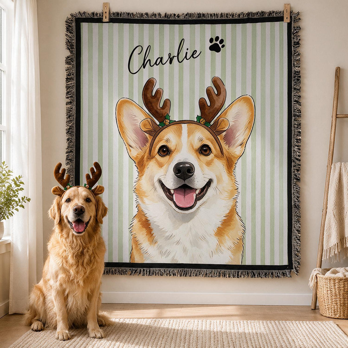 Couverture tissée rayée en Corgi Renne souriant personnalisée, cadeau portrait d'animal
