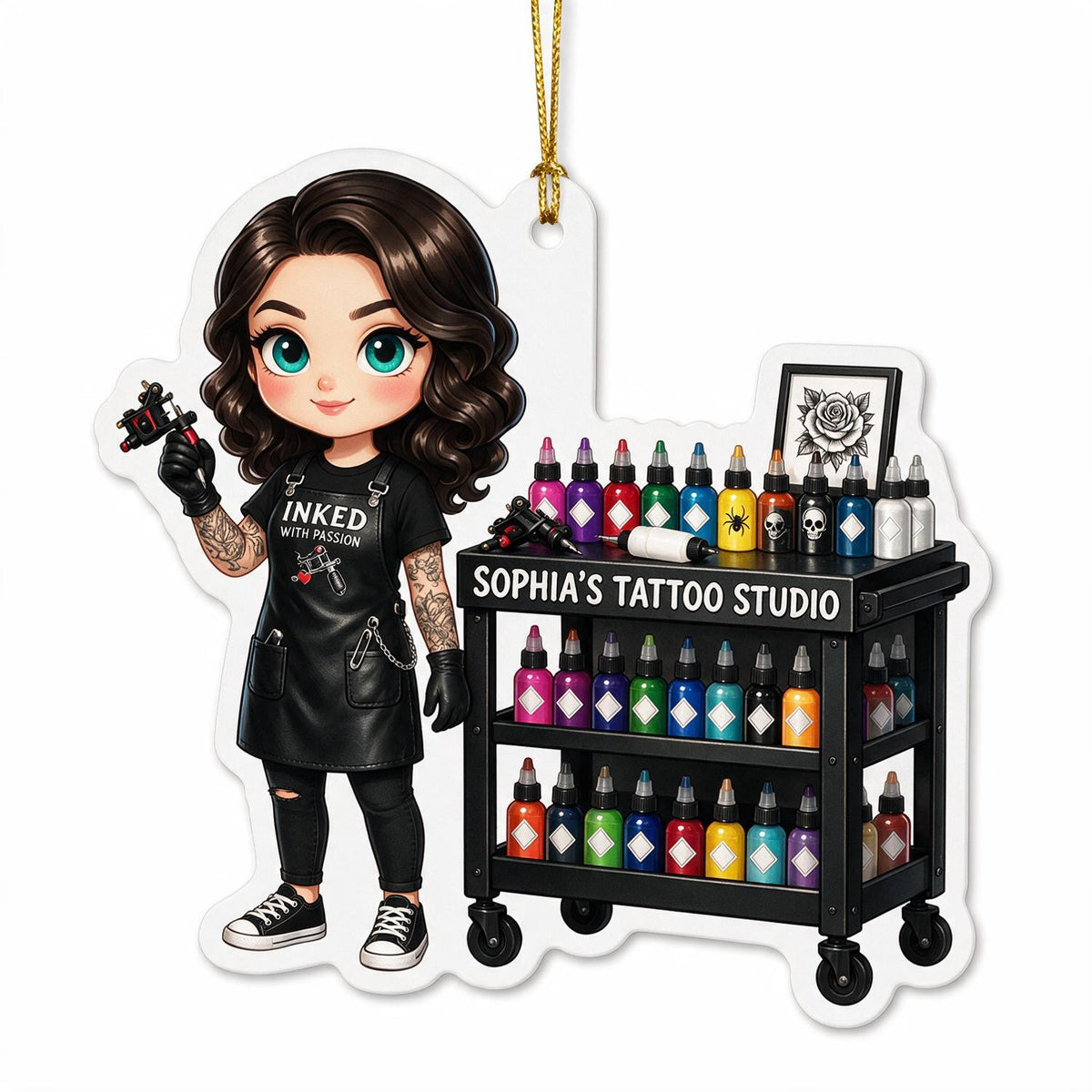Personalized Christmas Female Tattoo Artist Acrylic Ornament, Tattoo Studio Cart Ink Lover Gift
