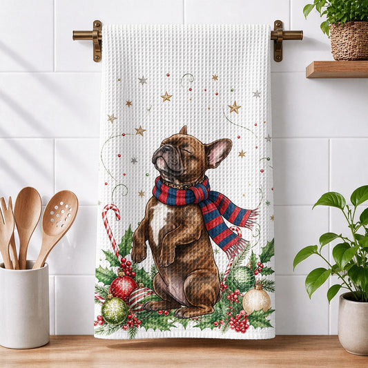 Custom Photo Christmas Brindle French Bulldog Kitchen Towel, Dog Lover Gift Decor