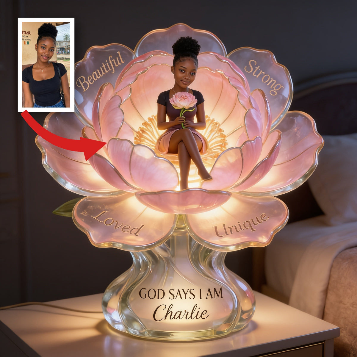 Personalized Black Woman Self Love Flower Acrylic LED Night Light Inspirational Gift