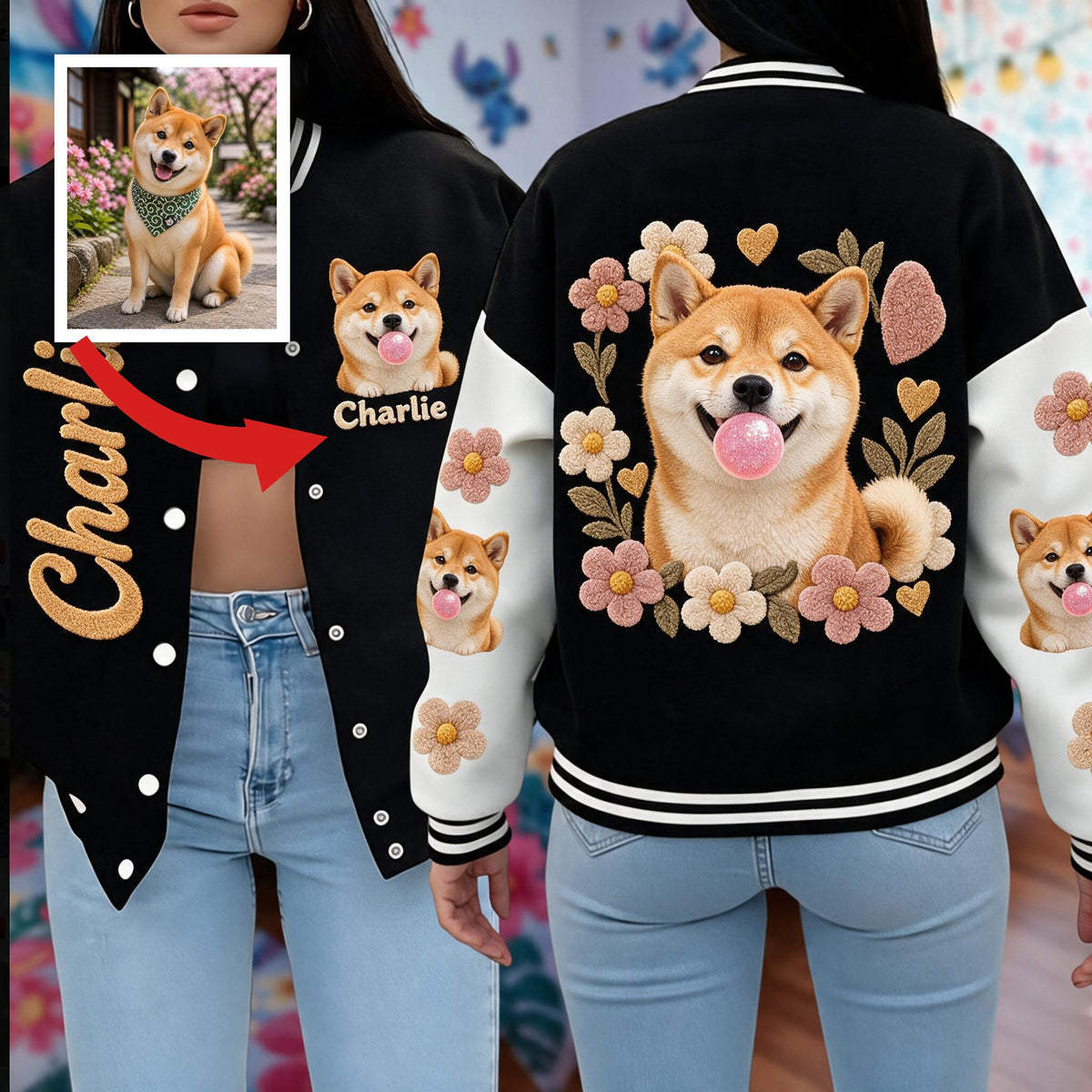 Personalized Tan White Adult Shiba Inu Varsity Jacket Casual Streetwear