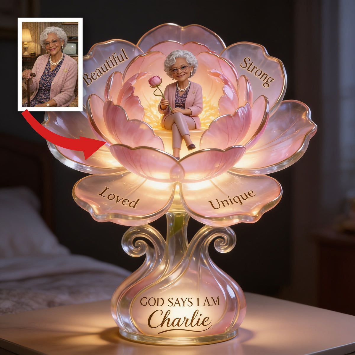 Personalized Older Black Woman Lotus Acrylic LED Night Light Mom Grandma Wife Gift