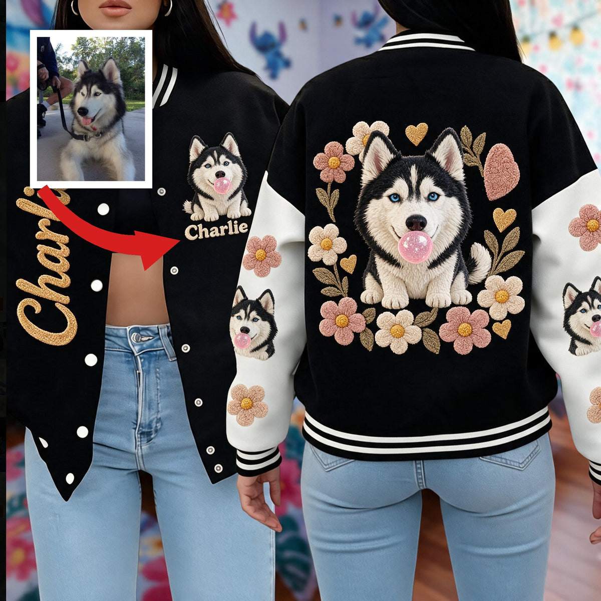 Personalized Blue Eyed Siberian Husky Varsity Jacket Dog Lover Streetwear