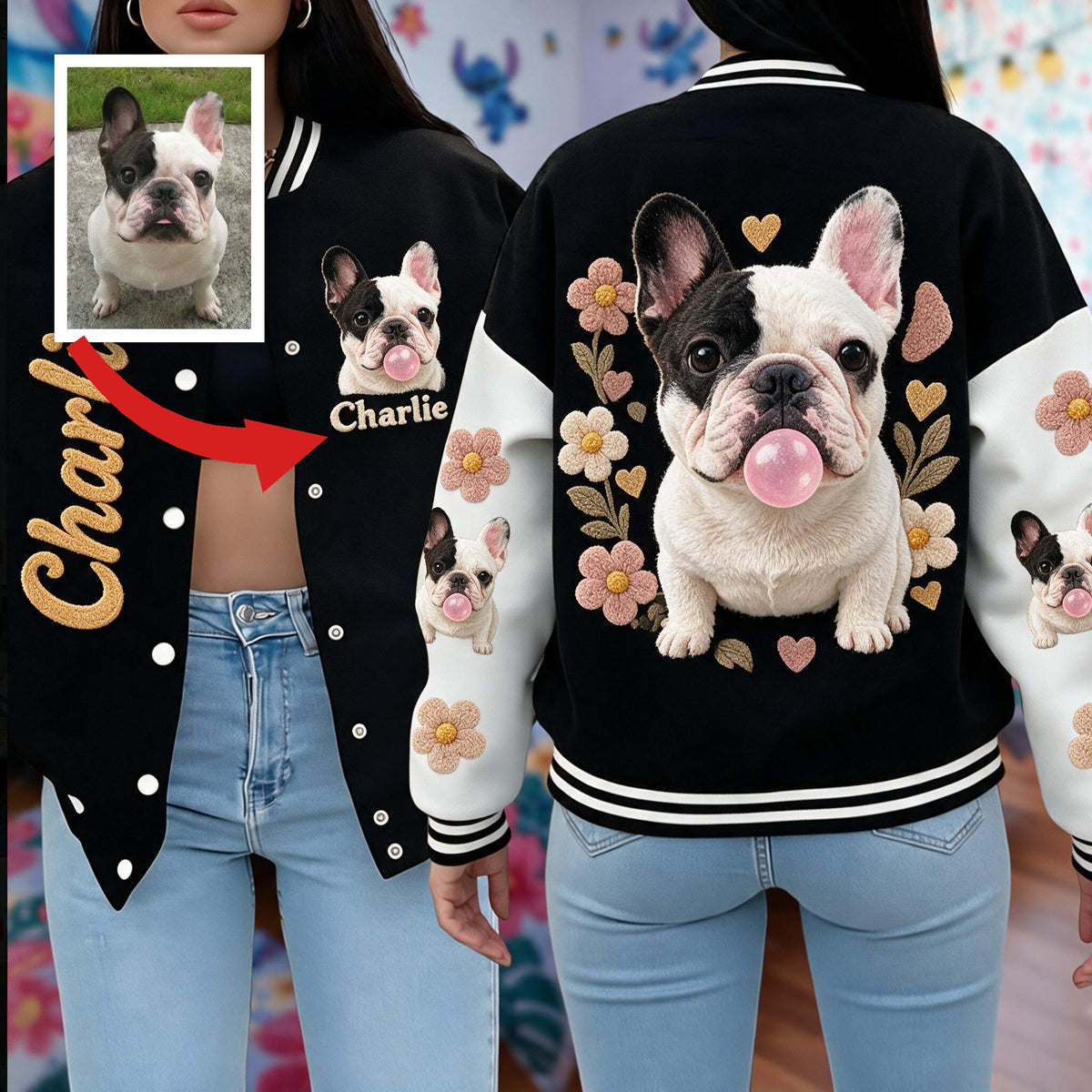 Personalized Black and White French Bulldog Varsity Jacket Dog Lover Gift