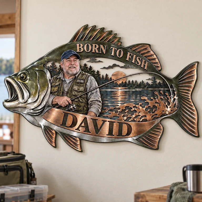 Personalized Fishing Metal Wall Art - Custom Portrait and Name, Angler Wall Decor