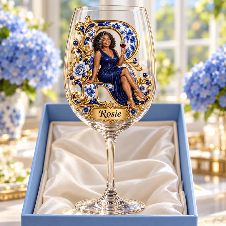 Personalized Custom Photo Blue Floral Wine Glass - Gift for Older Women