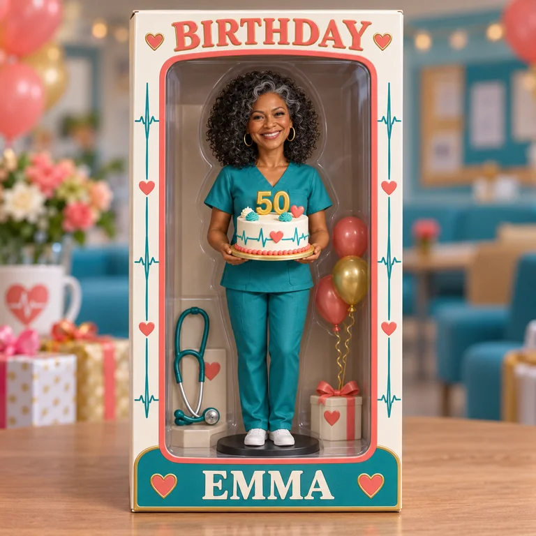 Personalized Nurse Figurine Display Box - Birthday Photo Portrait with Custom Name and Age