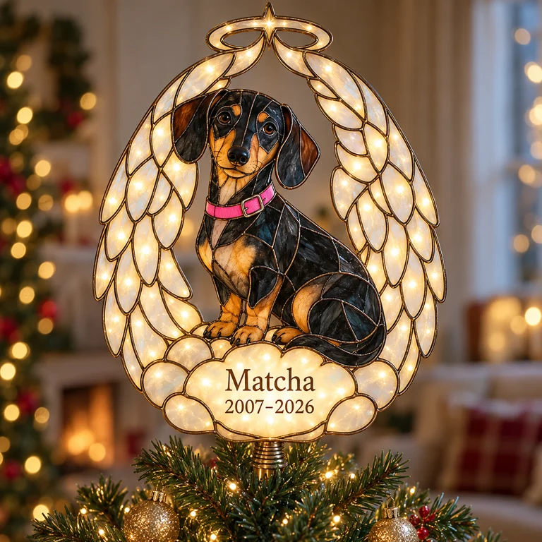 Personalisierte Hundegedenk-Engelsflügel Weihnachtsbaumspitze